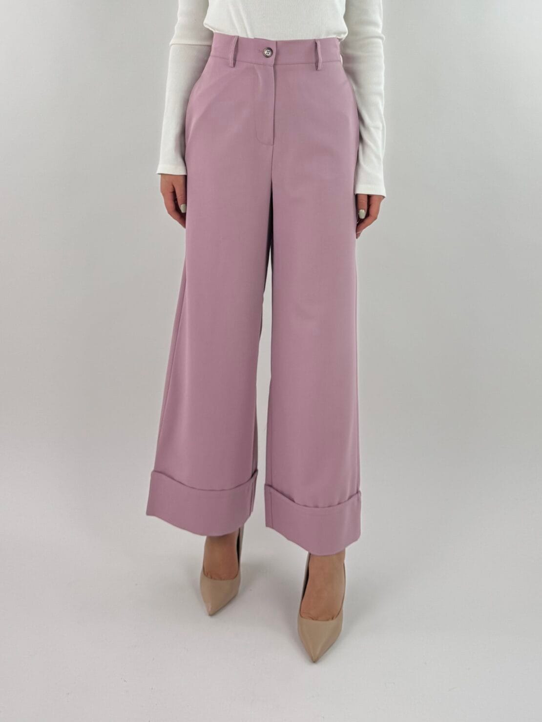 Pantalone palazzo risvolto cipria