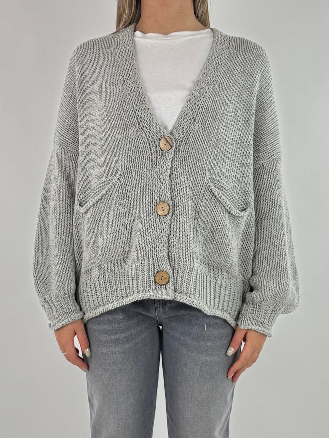 Cardigan bottoni legno perla