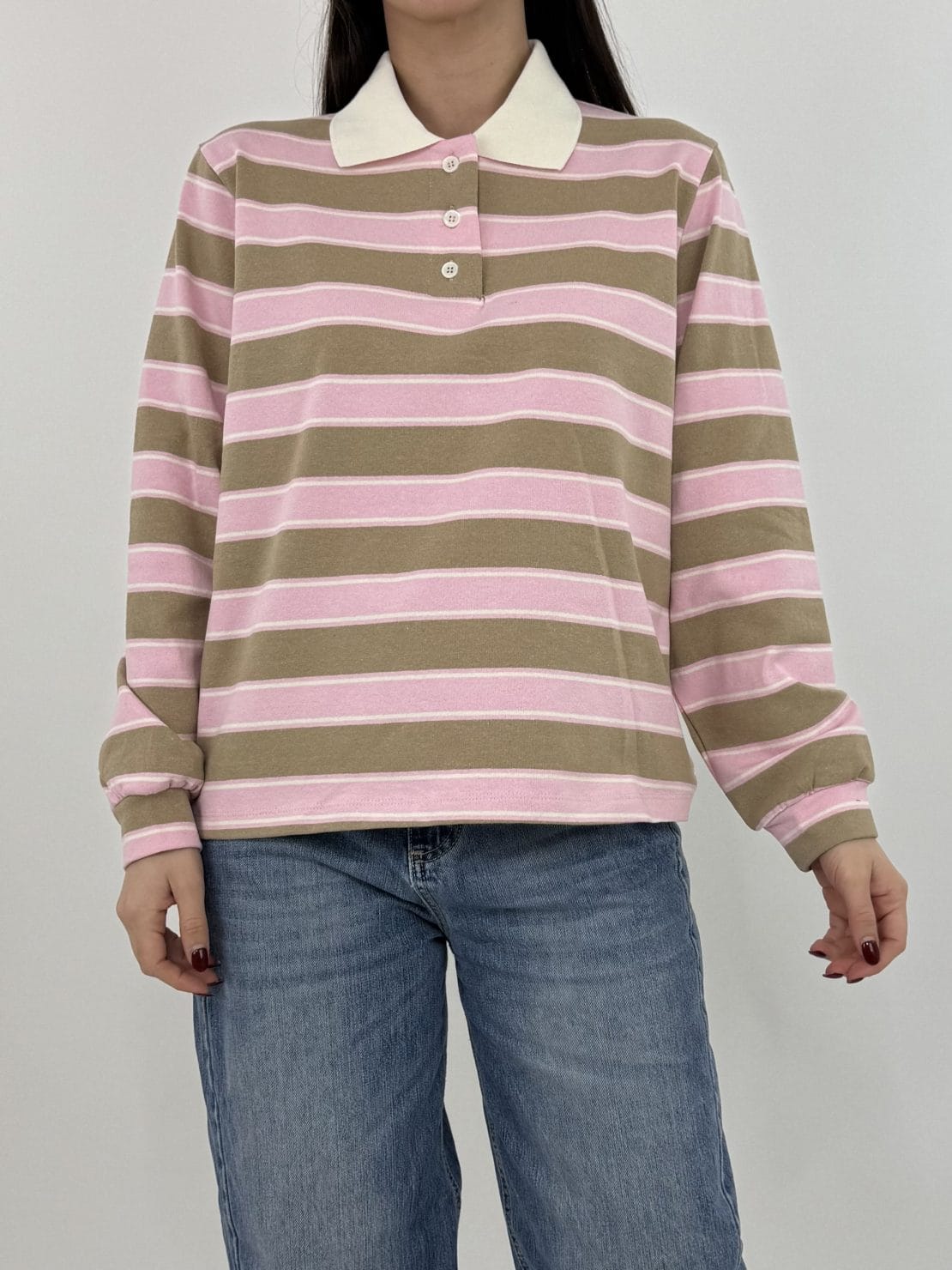 Polo manica lunga polsino beige/rosa