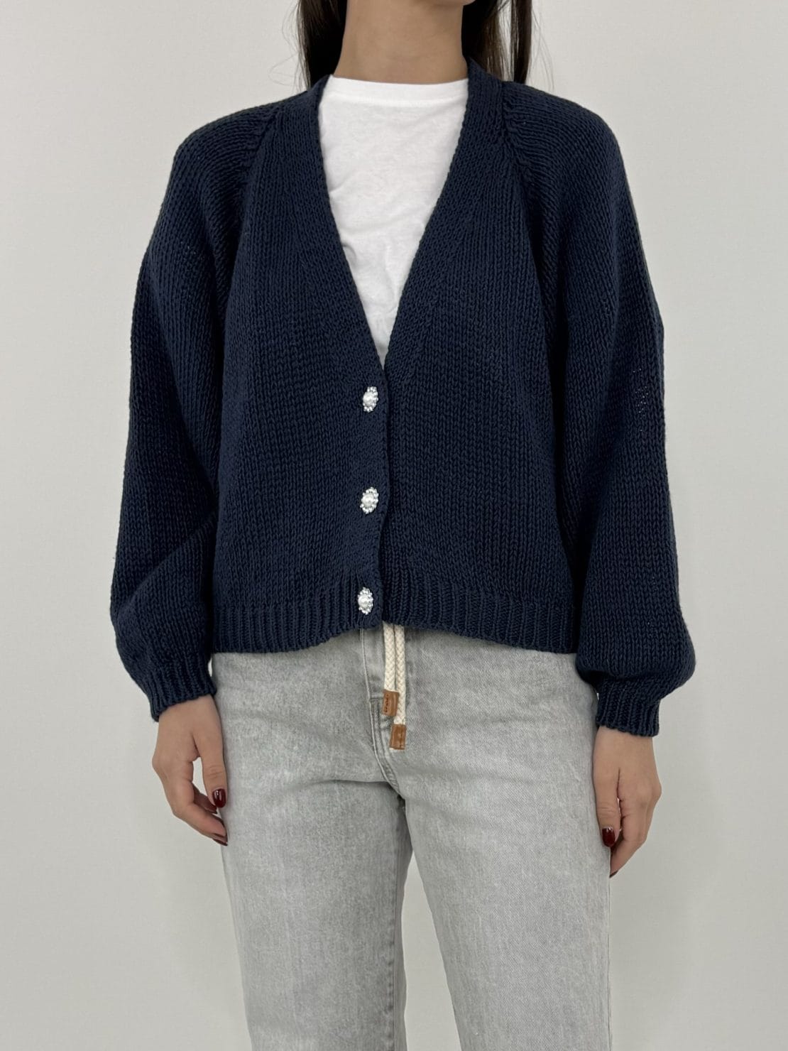 Cardigan corto 3 bottoni gioiello Blu