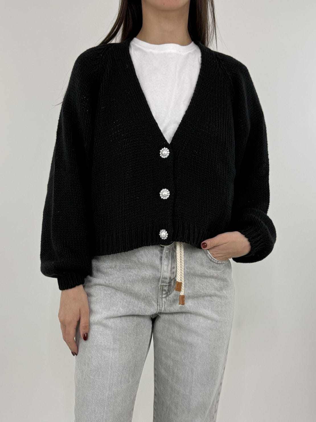 Cardigan corto 3 bottoni gioiello Nero