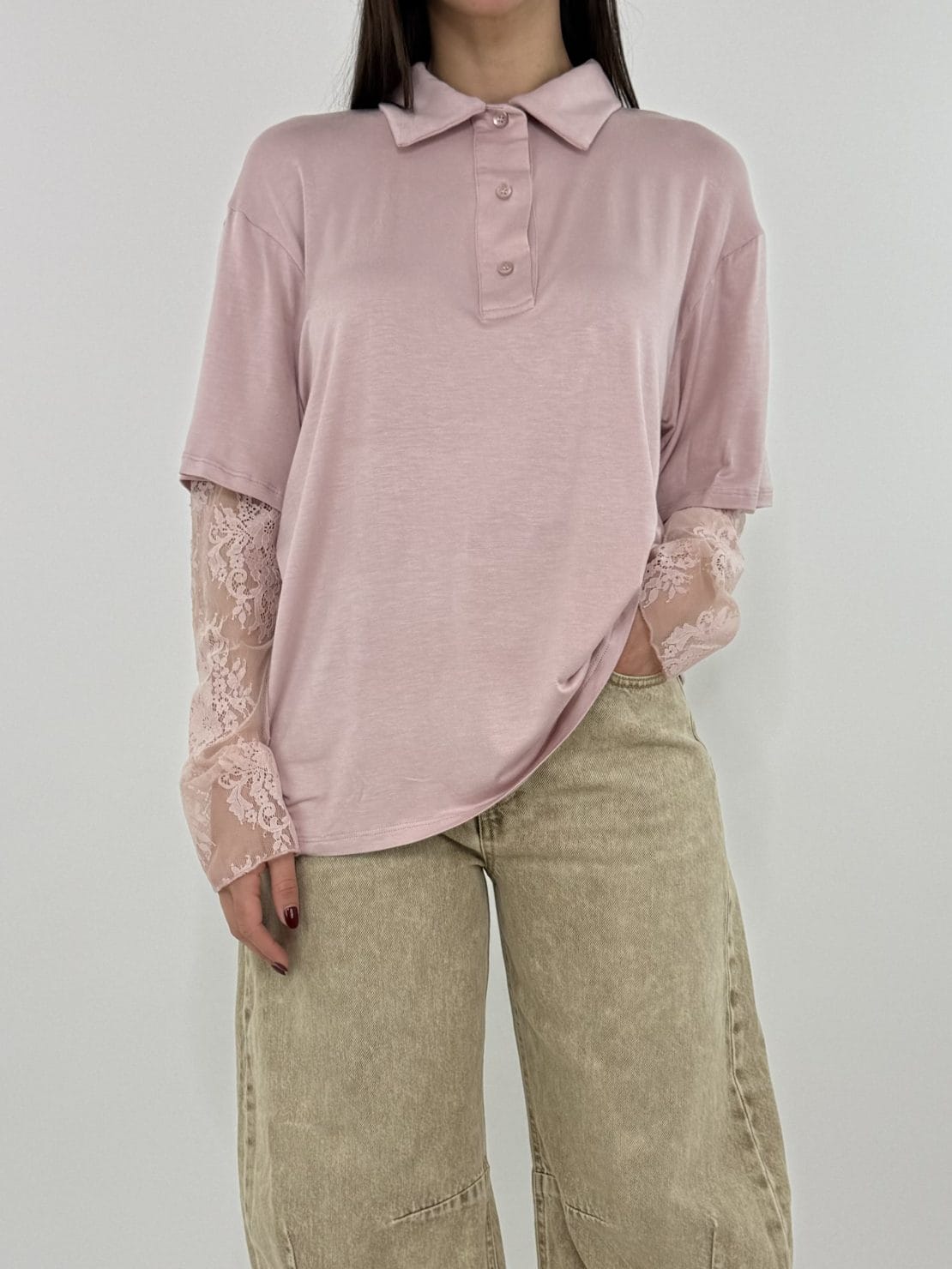 Polo manica pizzo rosa