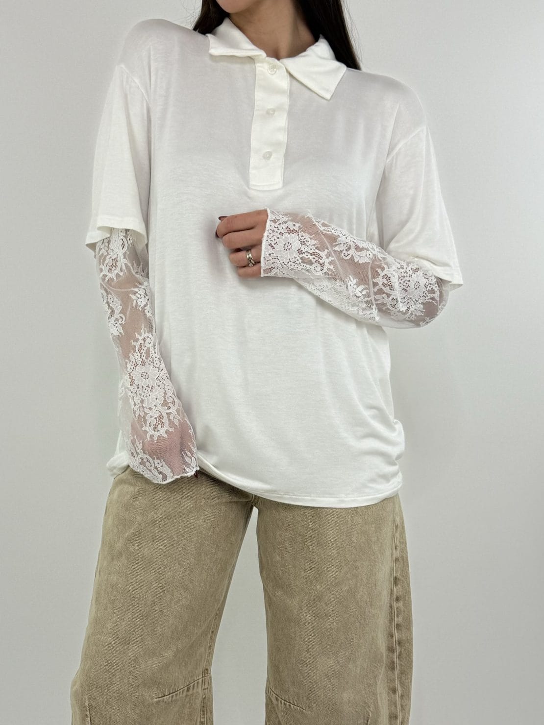 Polo manica pizzo bianca