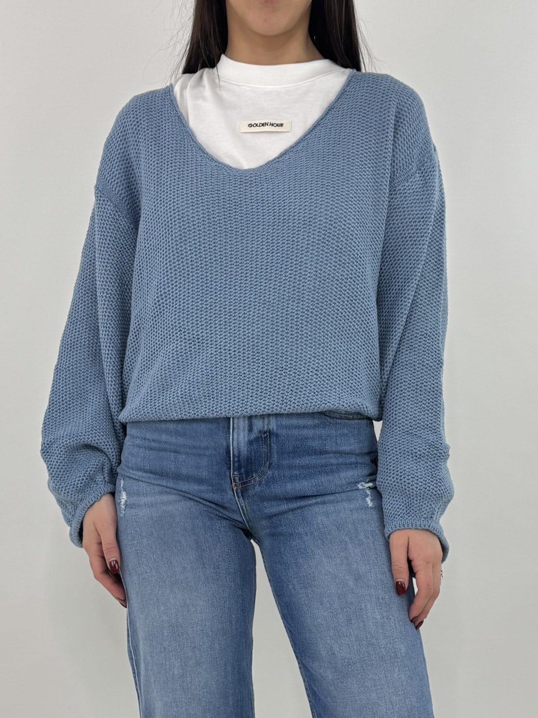 Maglia scollo V nido d'ape celeste