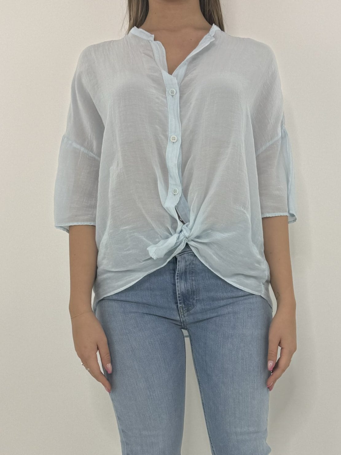 Camicia mezza manica misto seta azzurro