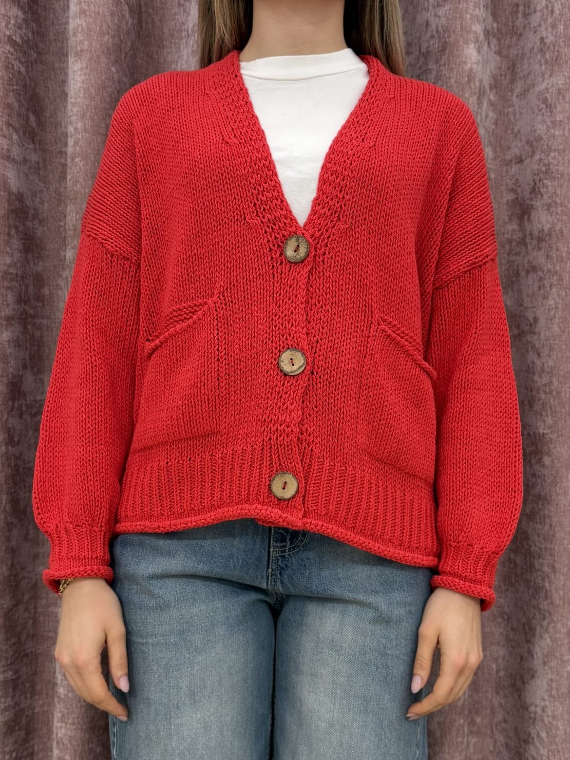 Cardigan bottoni legno rosso