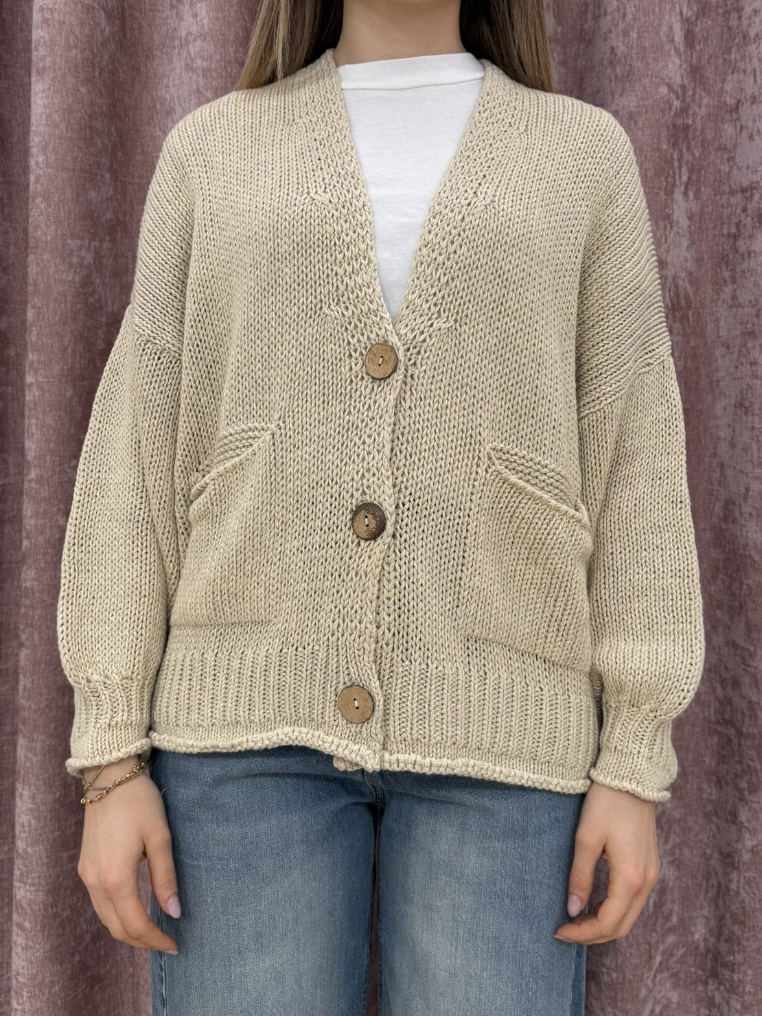 Cardigan bottoni legno corda