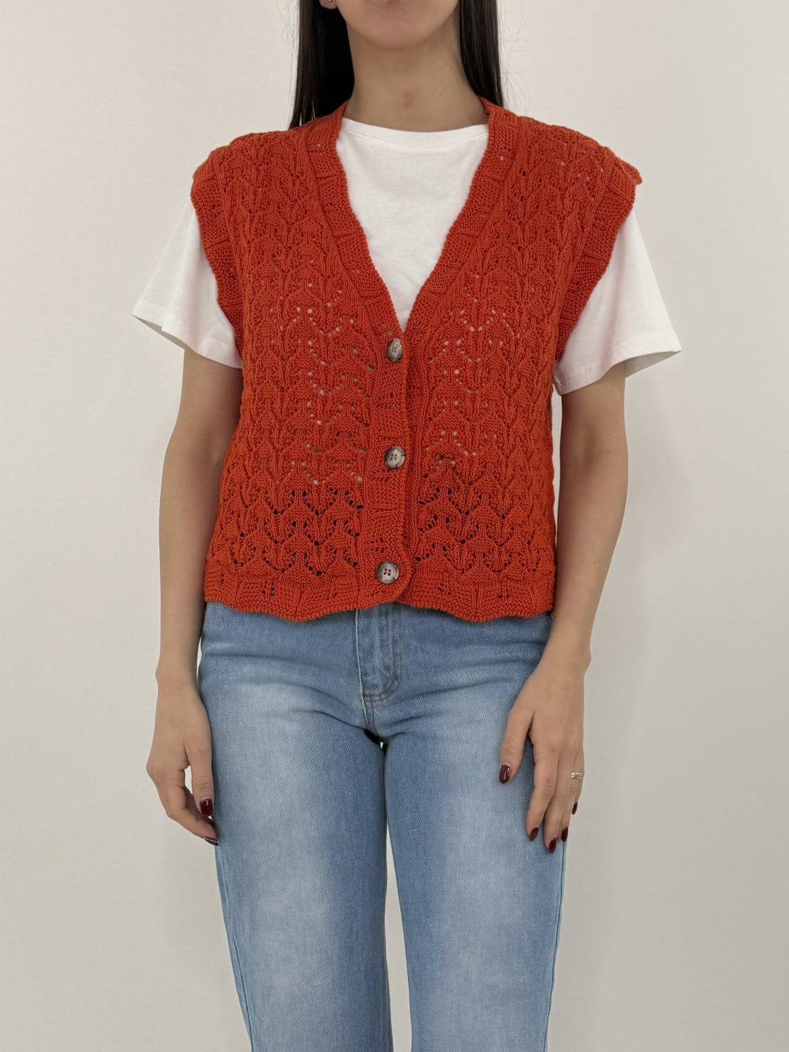 Gilet bottoni crochet corallo
