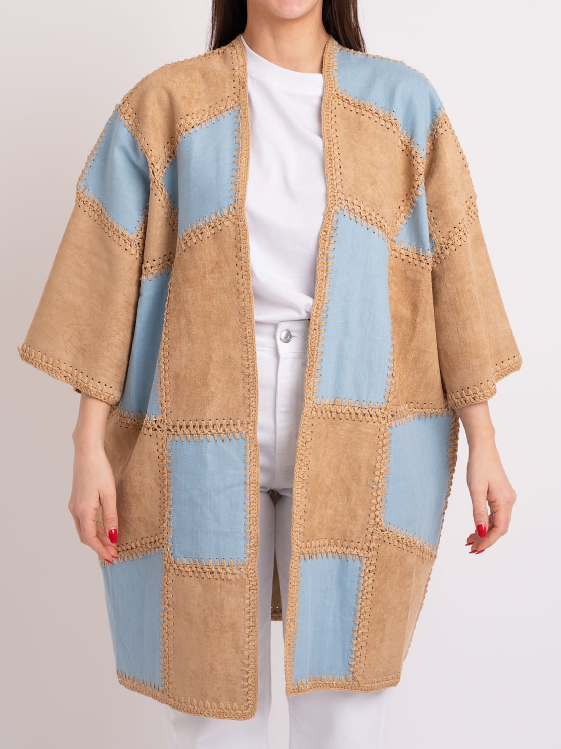 Cardigan mezza manica cammello/azzurro