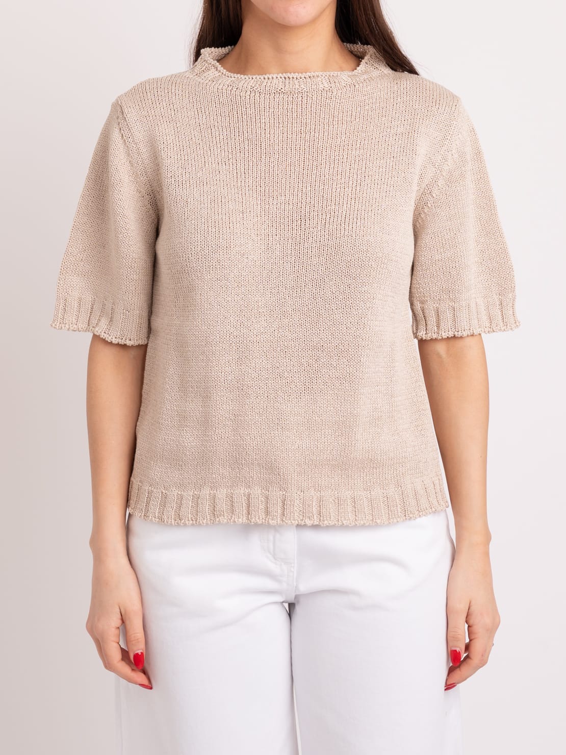 Pullover in maglia mezza manica sabbia