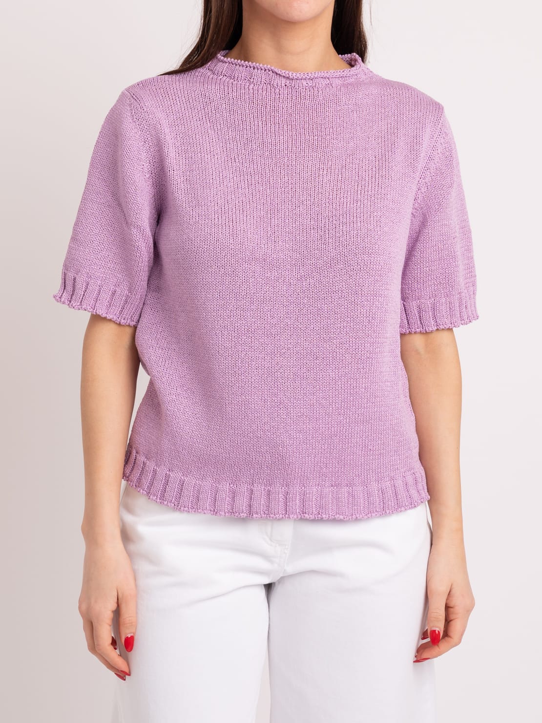 Pullover in maglia mezza manica lilla