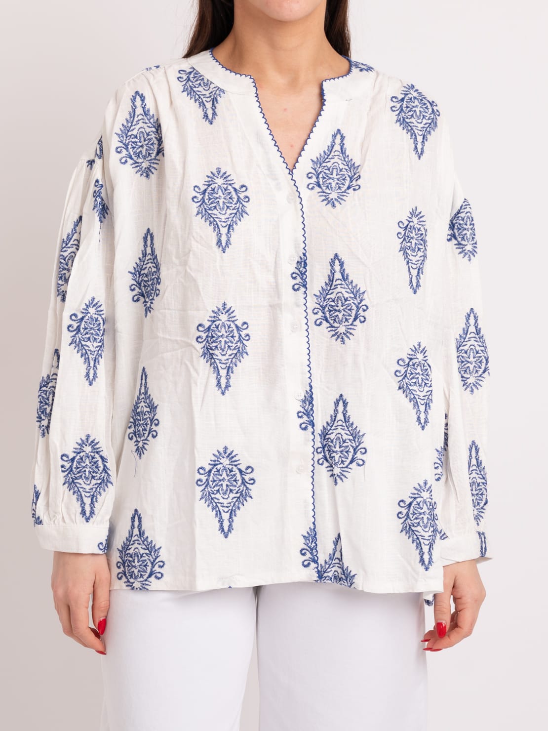 Camicia ricamata bianca/blu