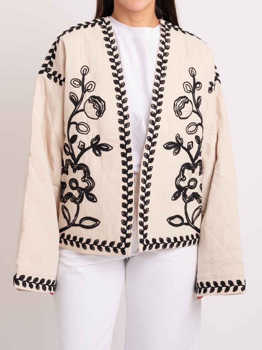 Giacca kimono panna ricamato