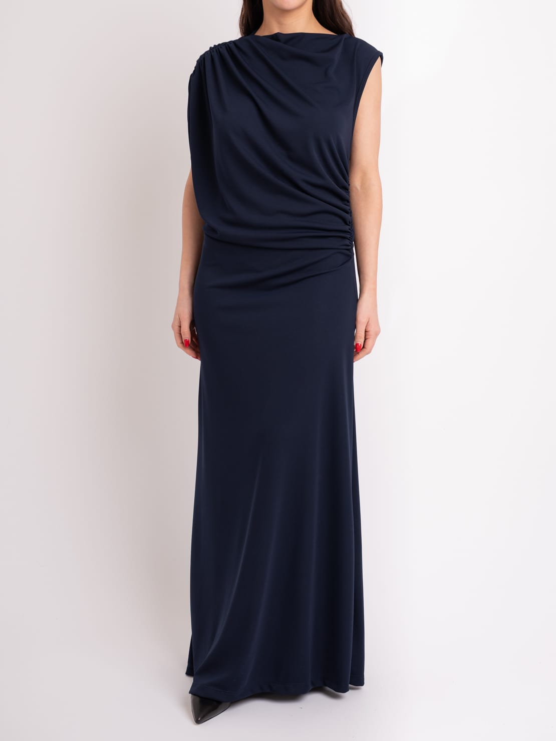 Abito smanicato drappeggio blu notte