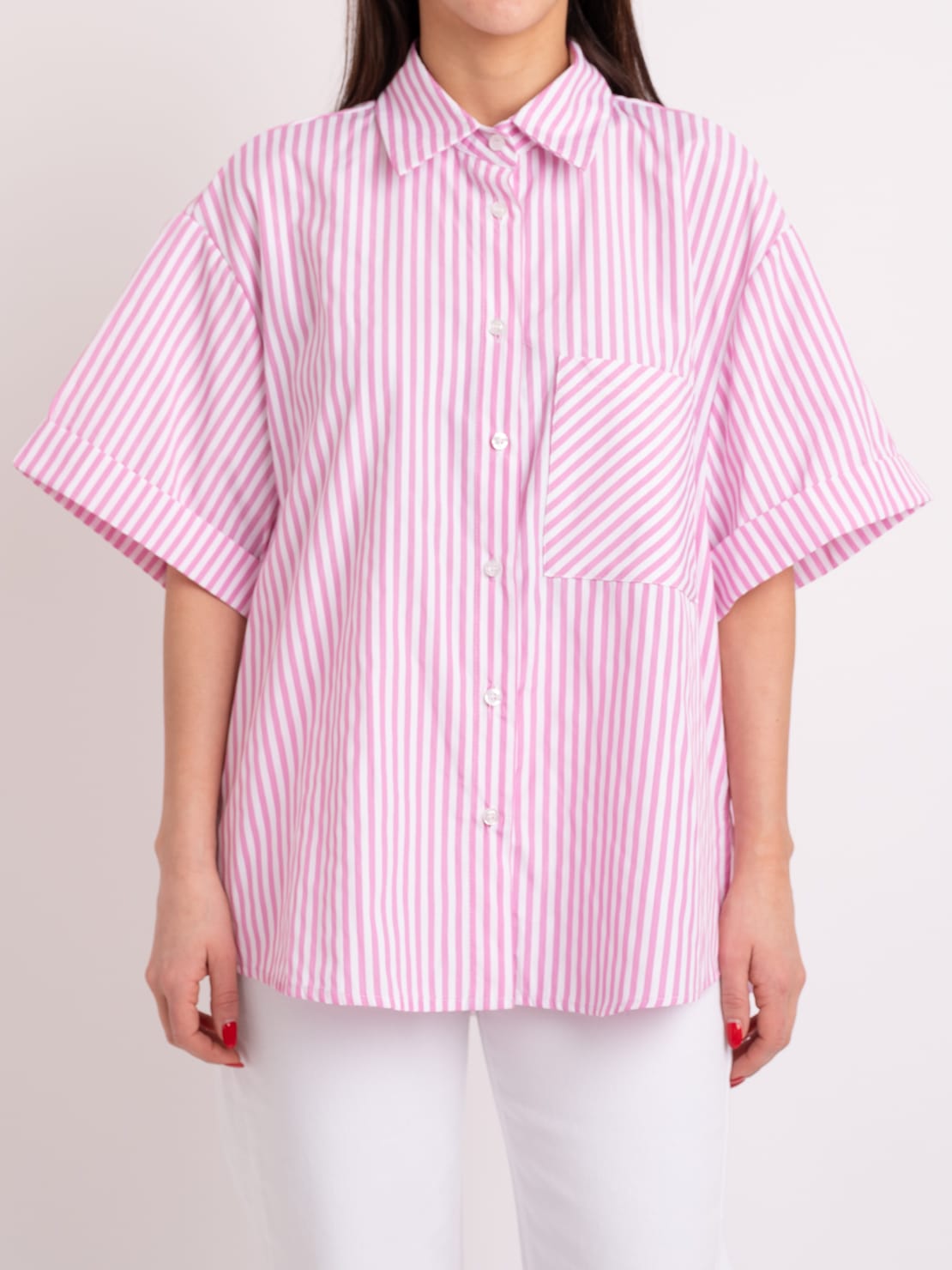 Camicia mezza manica gessata rosa