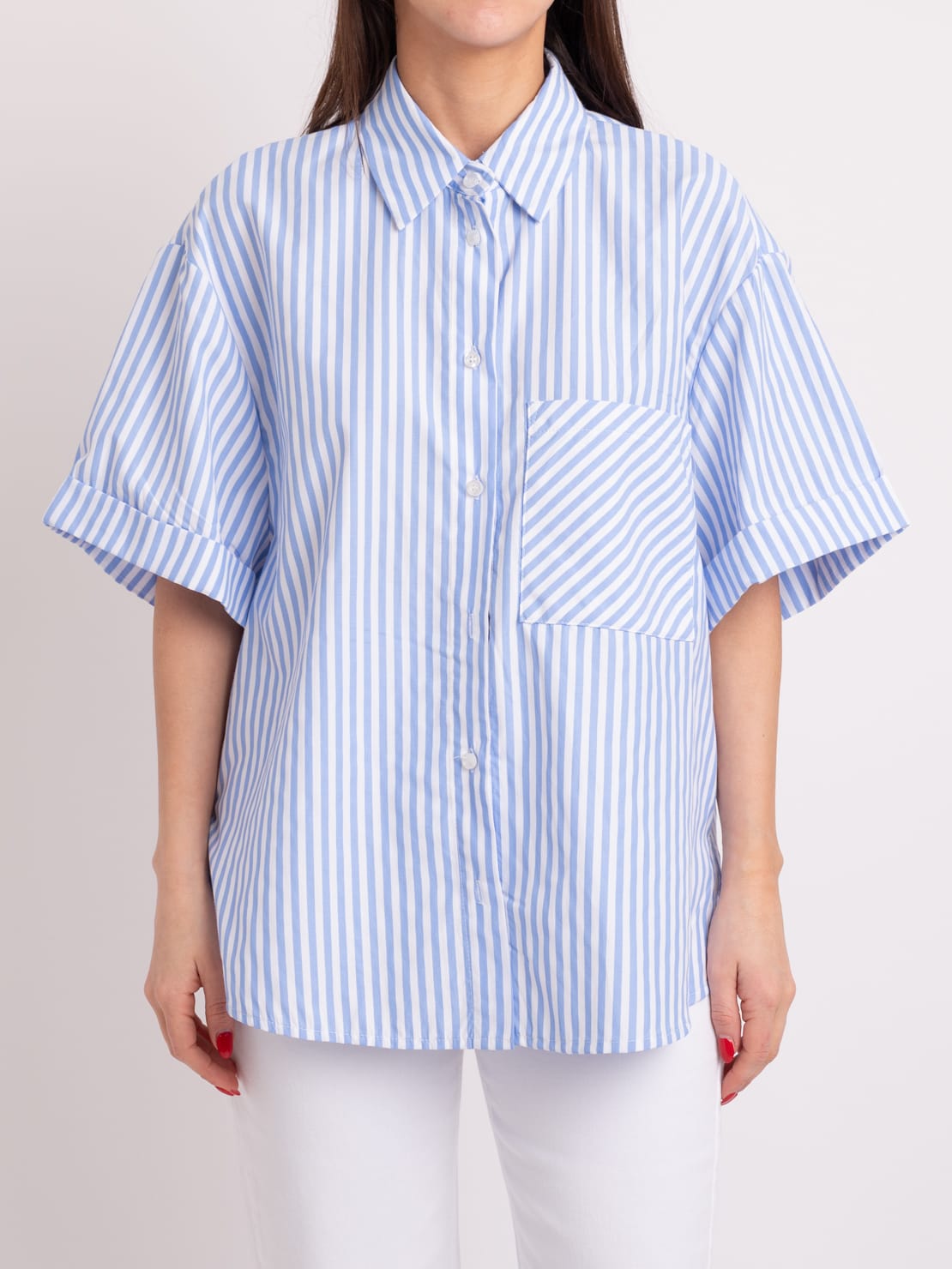 Camicia mezza manica gessata celeste