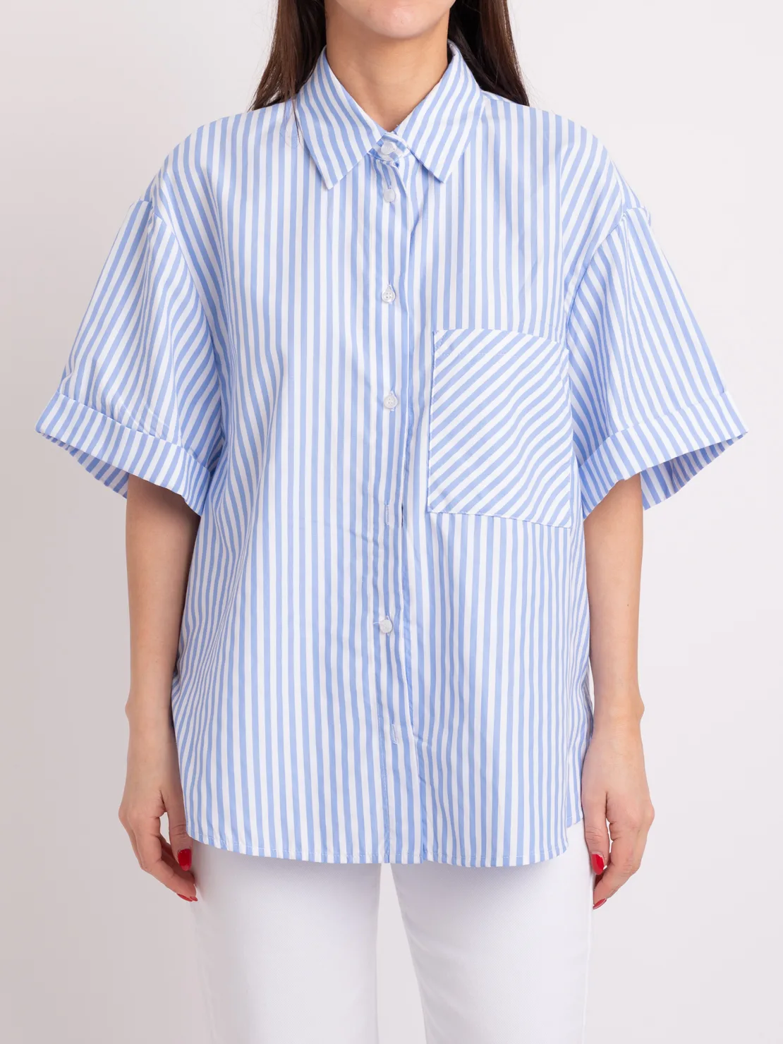 Camicia mezza manica gessata celeste