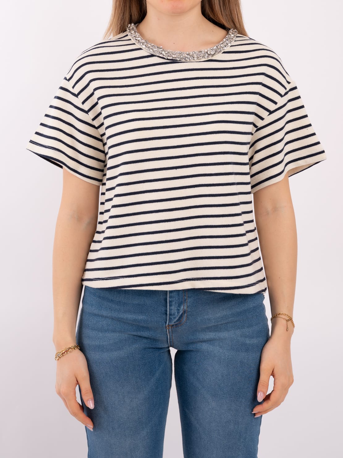 T-shirt riga blu cabochon