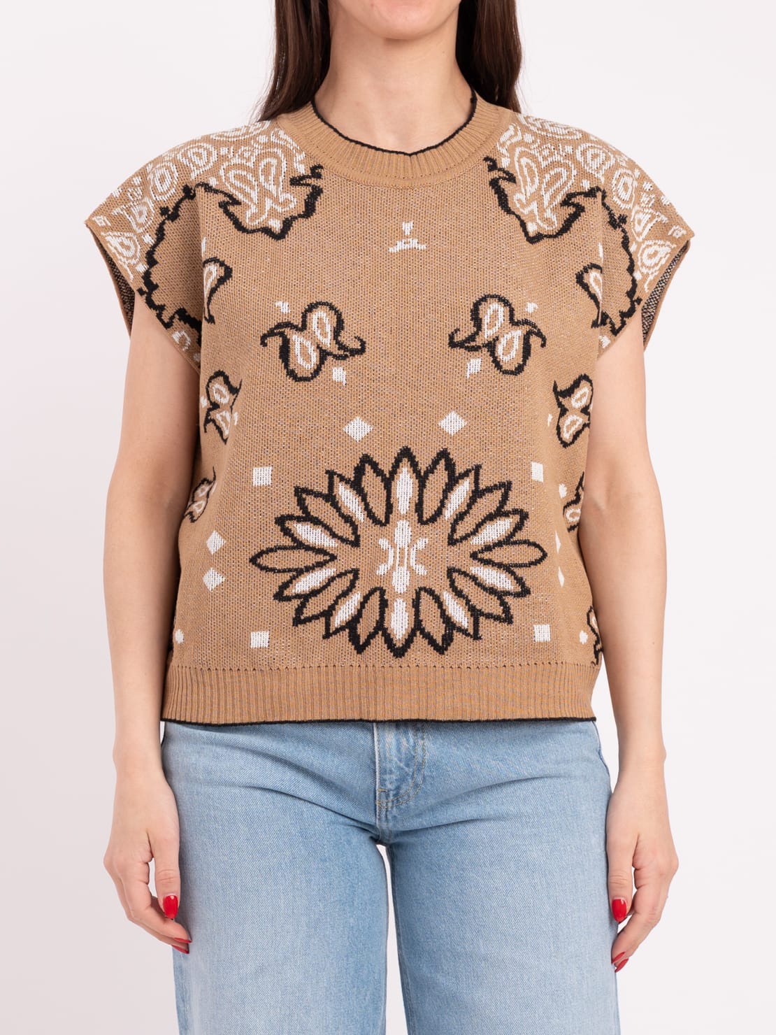 Maglia scatolina jaquard camel