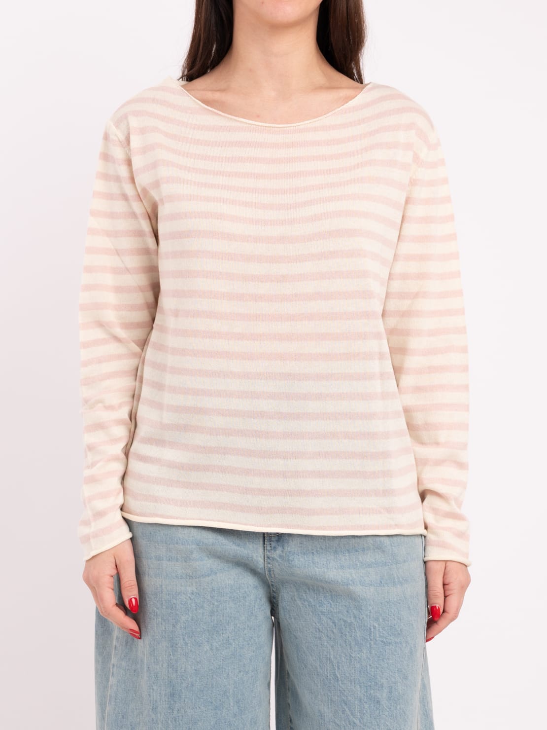 Maglia barchetta riga fina calce/rosa