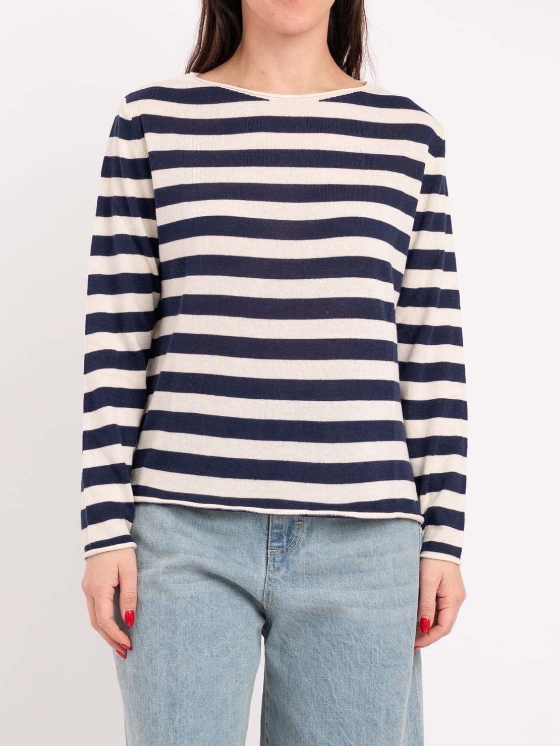 Maglia barchetta riga larga blu/panna