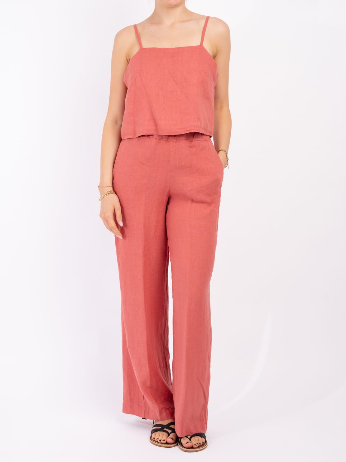 Completo 100% lino top e pantalone rosa