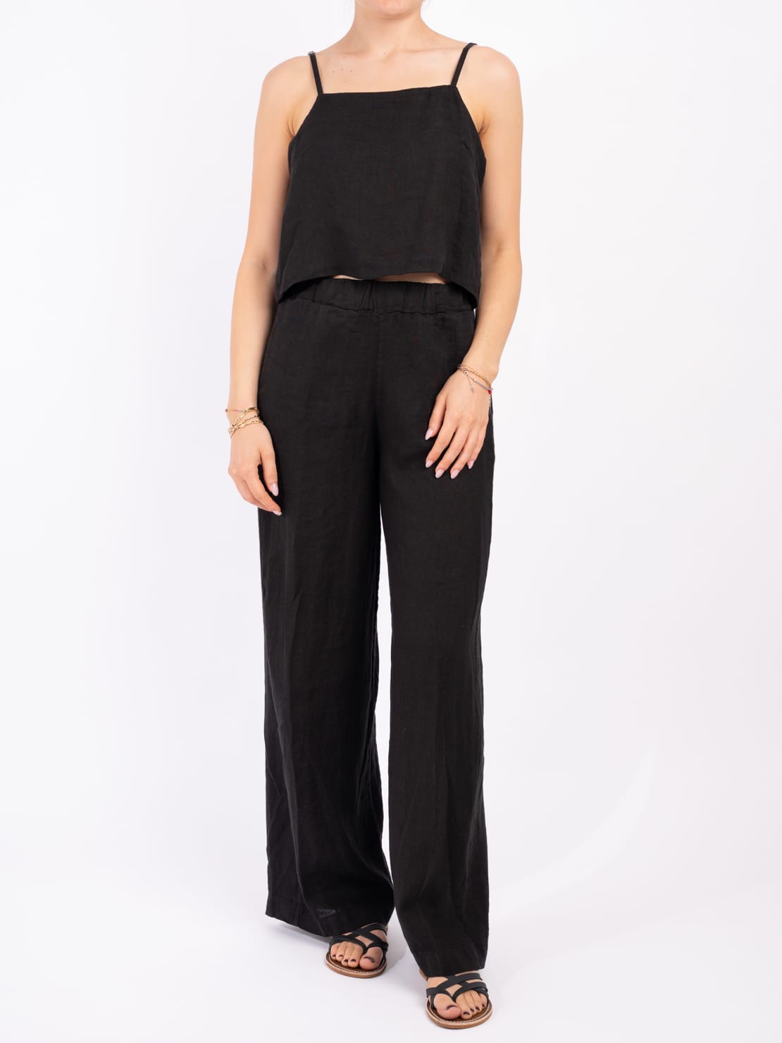Completo 100% lino top e pantalone nero