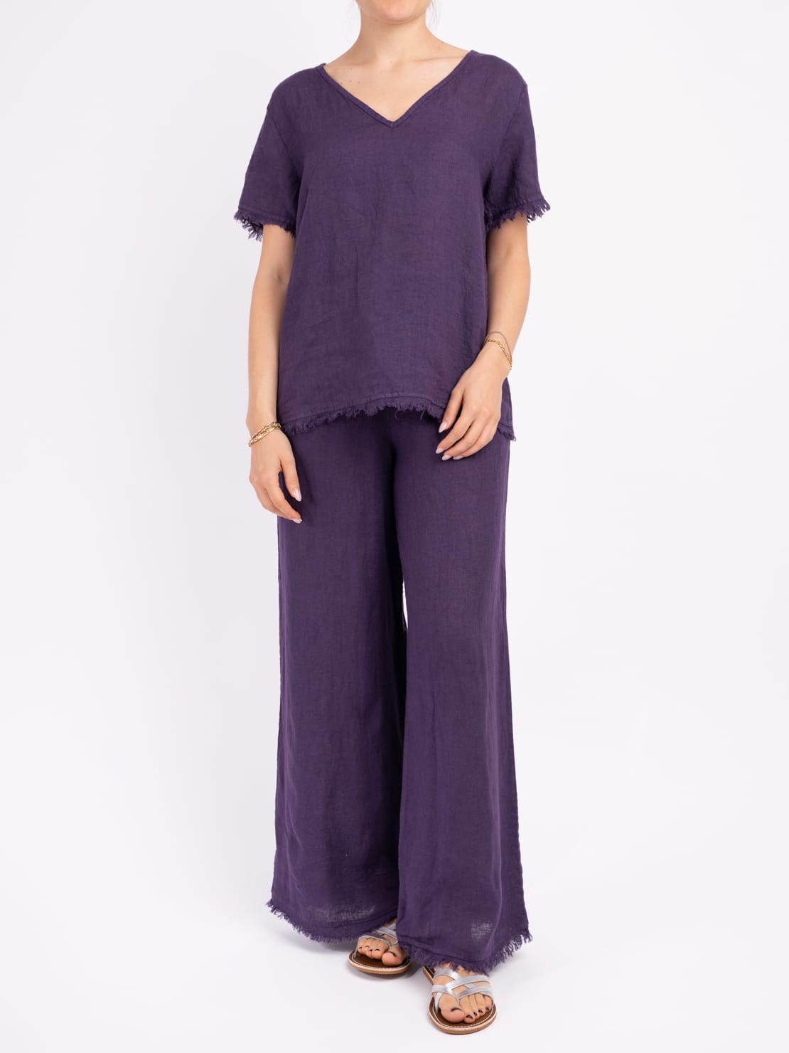 Maglia sfrangiata 100% lino viola