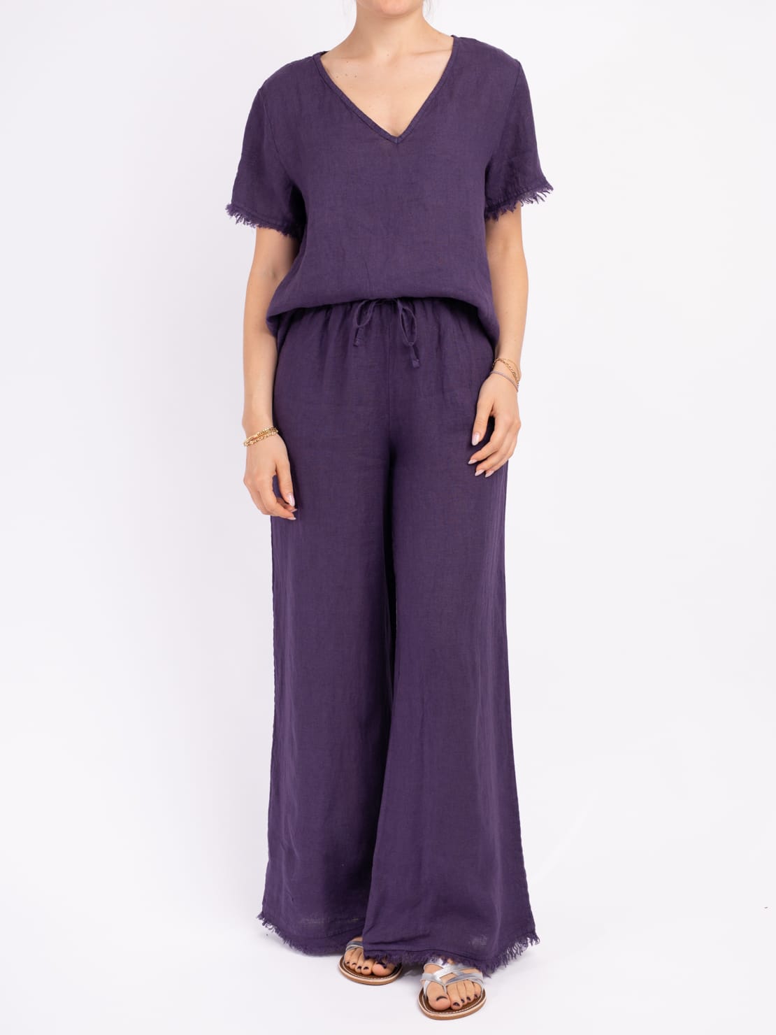 Pantalone sfrangiato 100% lino viola