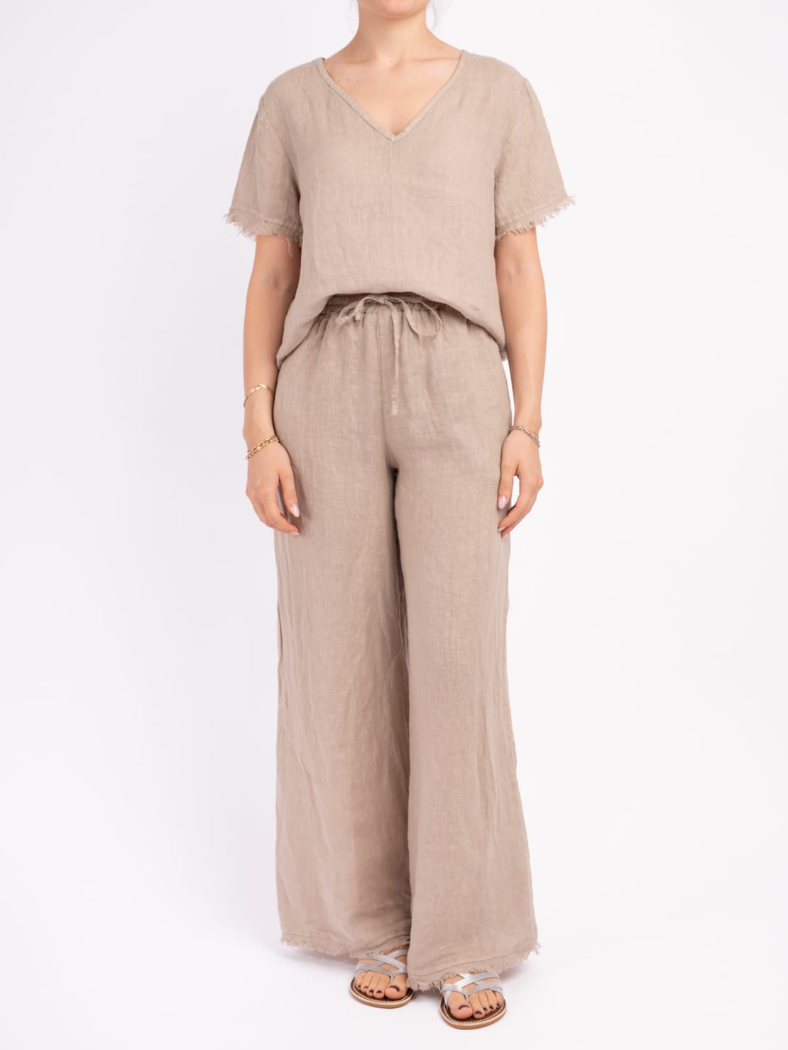 Pantalone sfrangiato 100% lino beige
