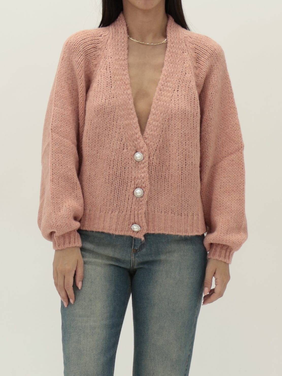 Cardigan bottoni gioiello salmone