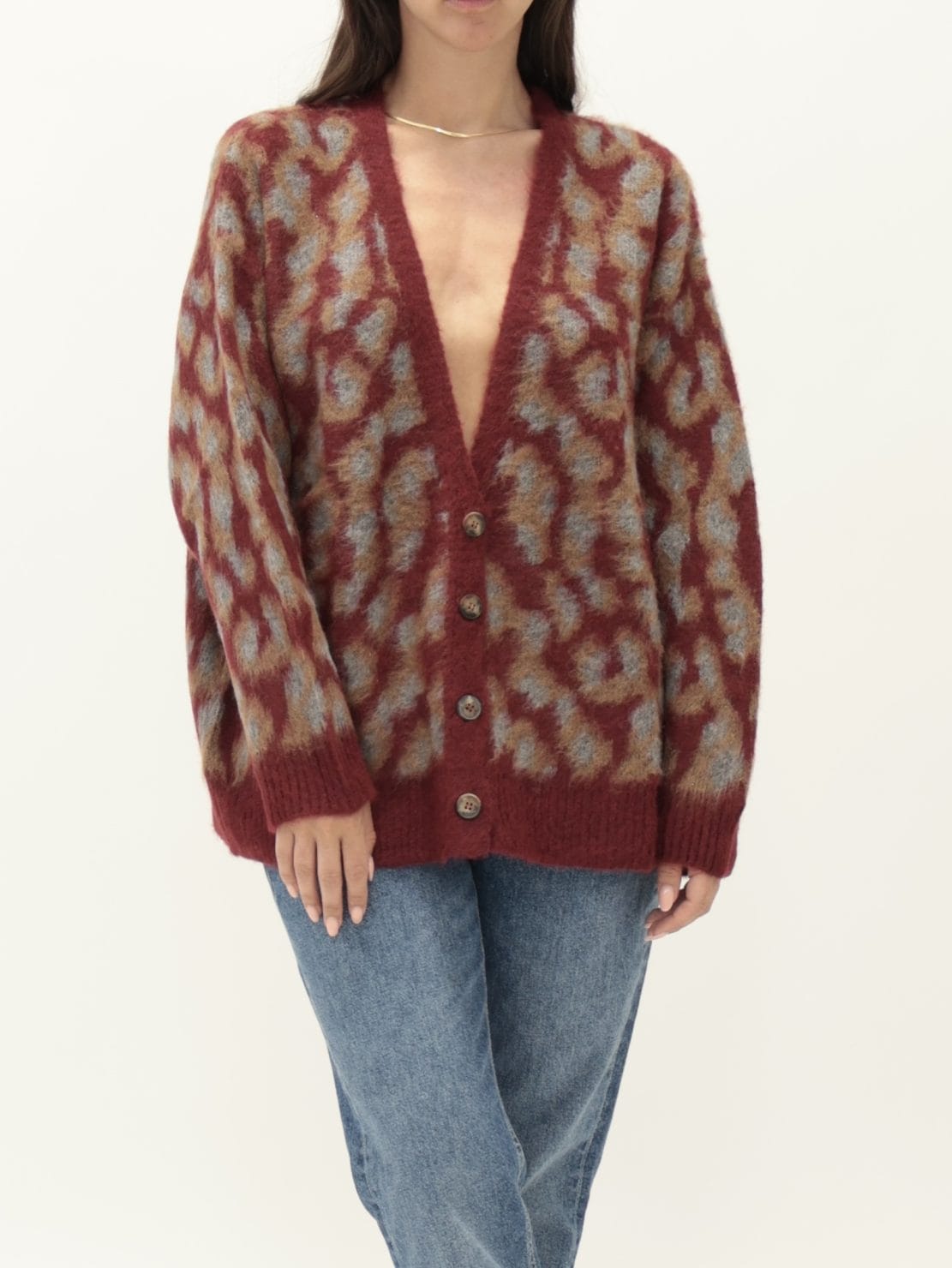 Cardigan 4 bottoni jacquard vino lurex