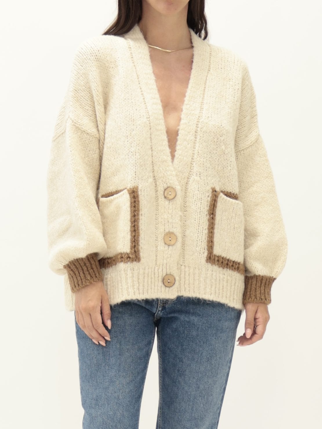 Cardigan tasche bicolore calce