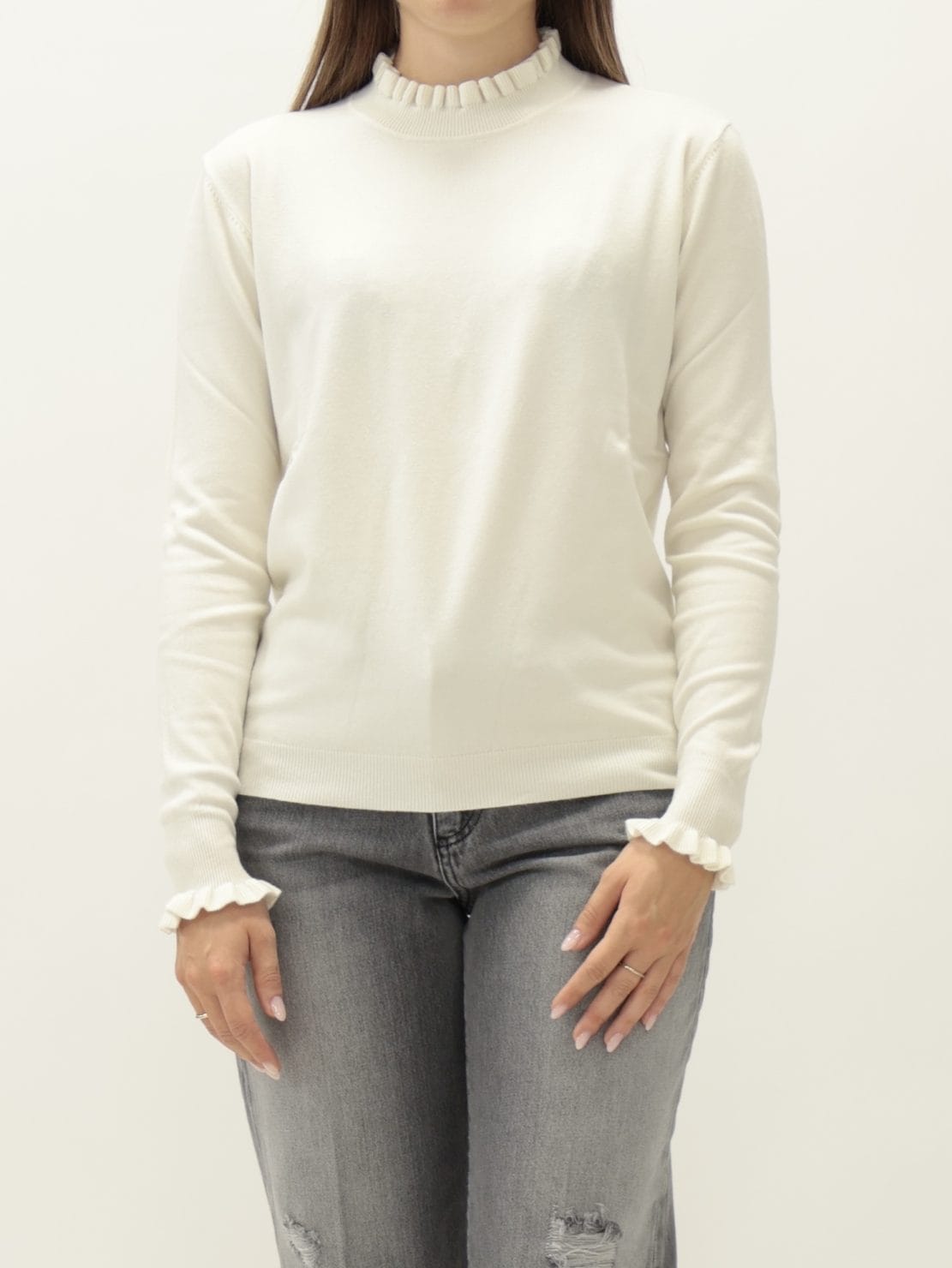 Maglia collo rouches panna
