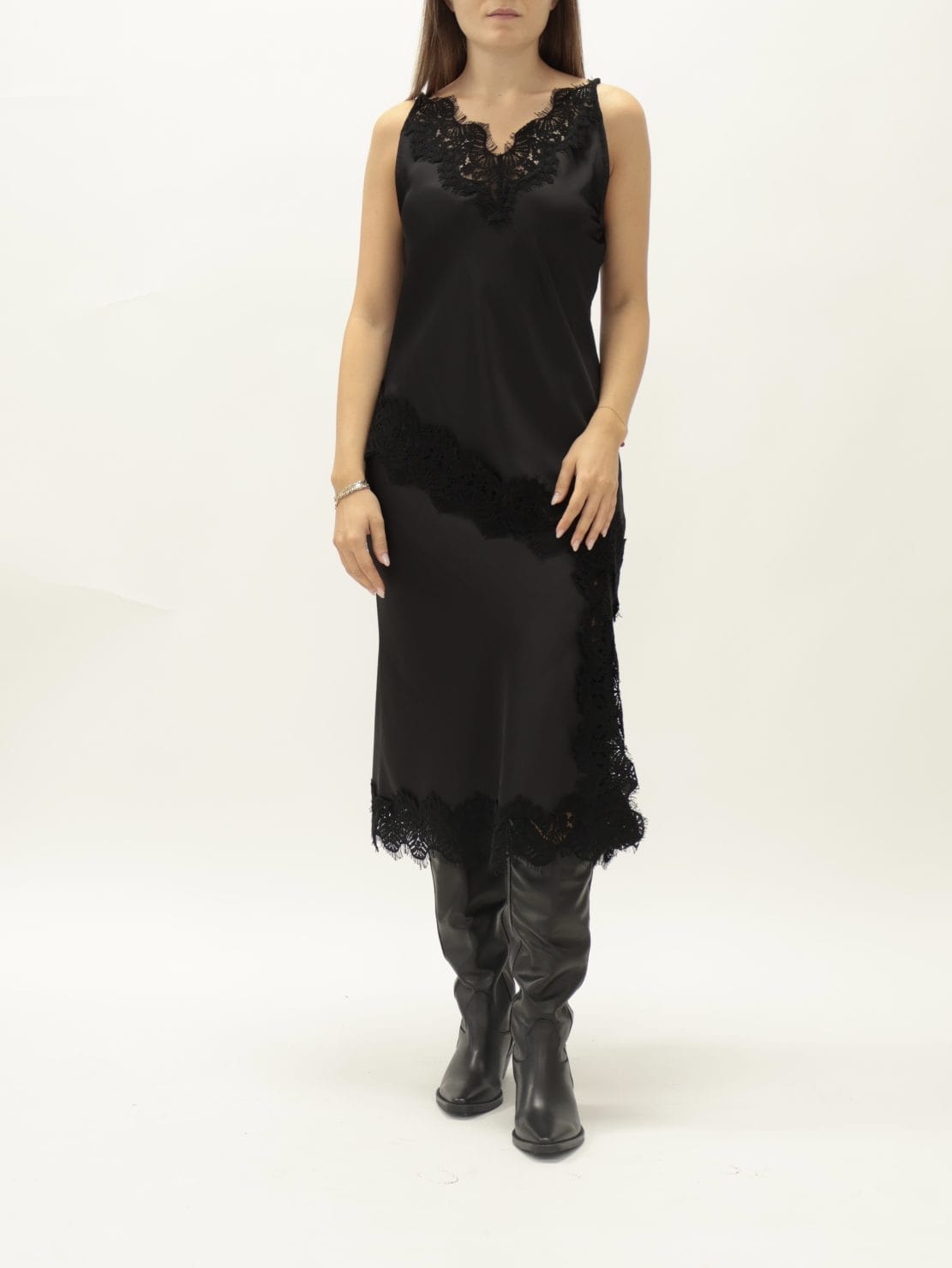 Gonna midi raso pizzo nero