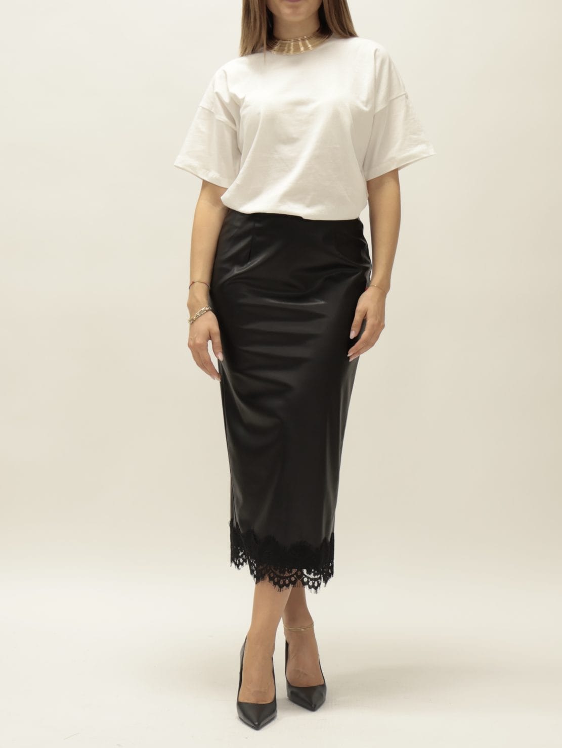 Gonna midi ecopelle pizzo nero