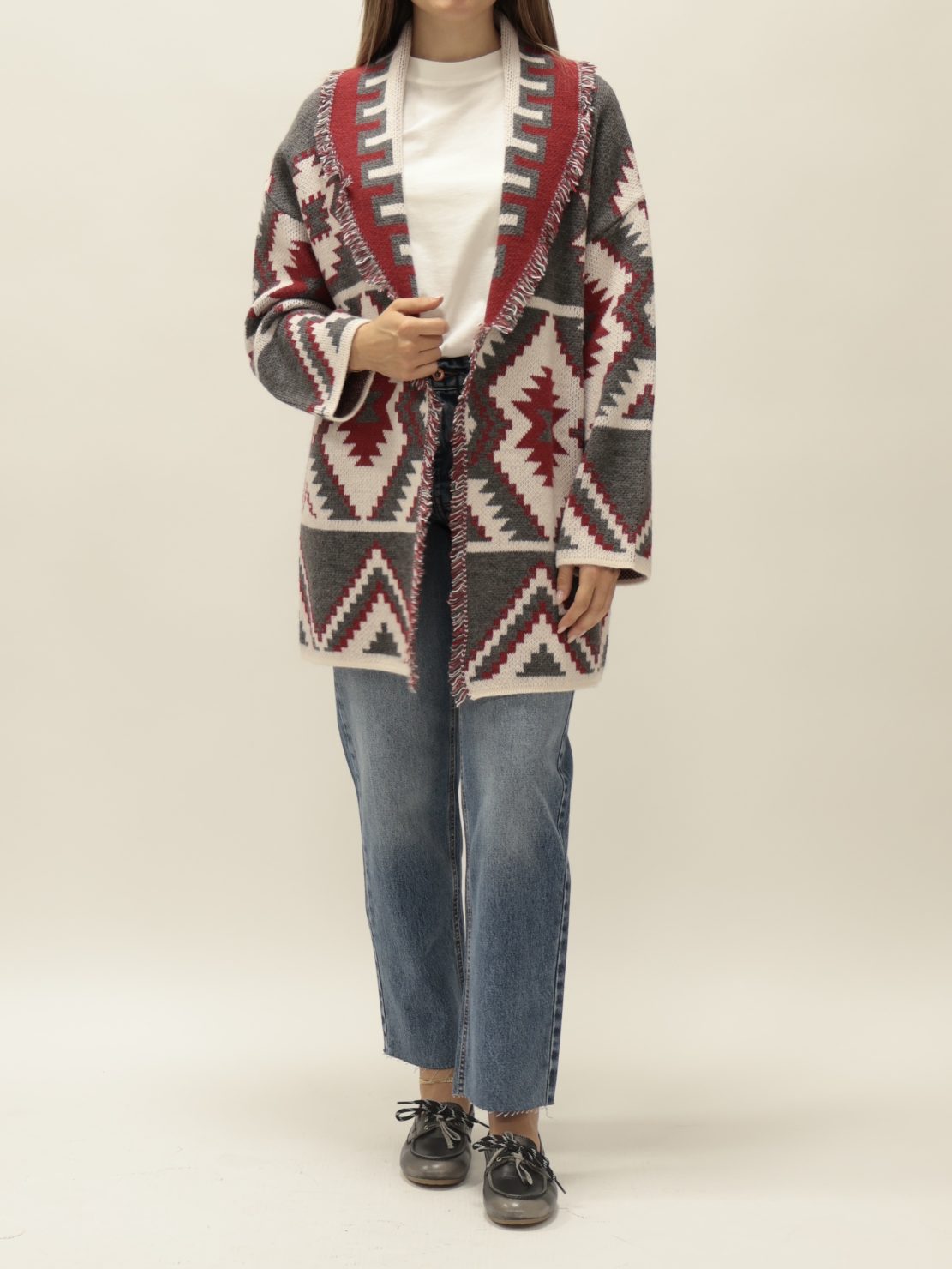 Cardigan geometrico antracite/rosso/bianco