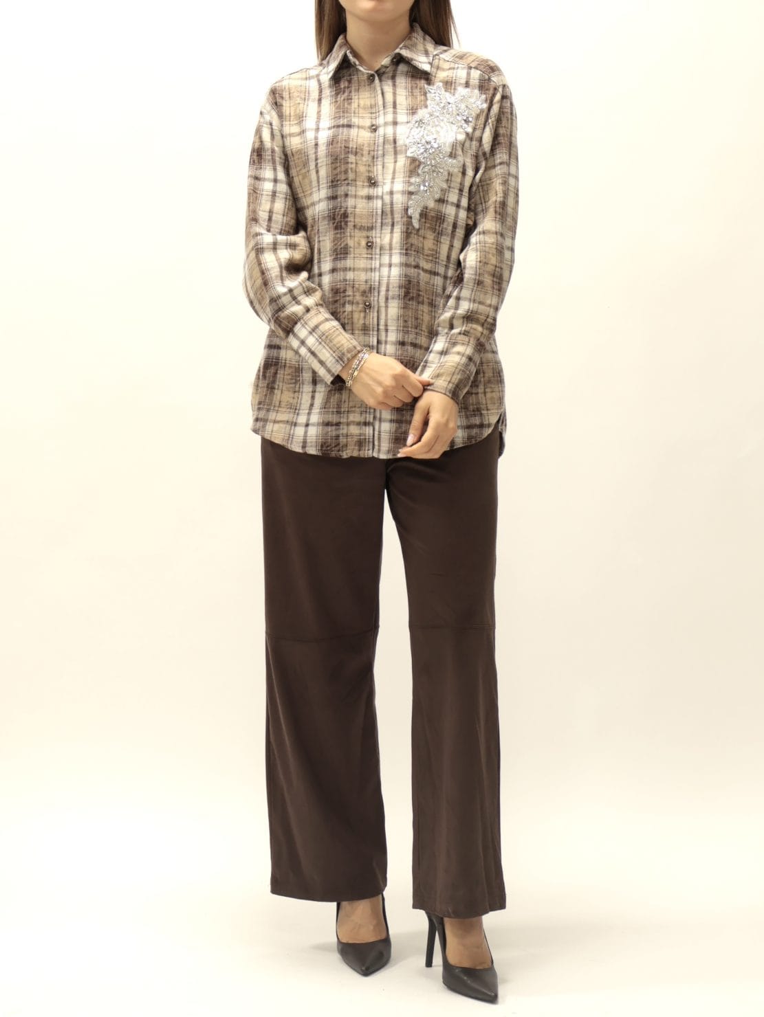 Camicia flanella check con patch beige