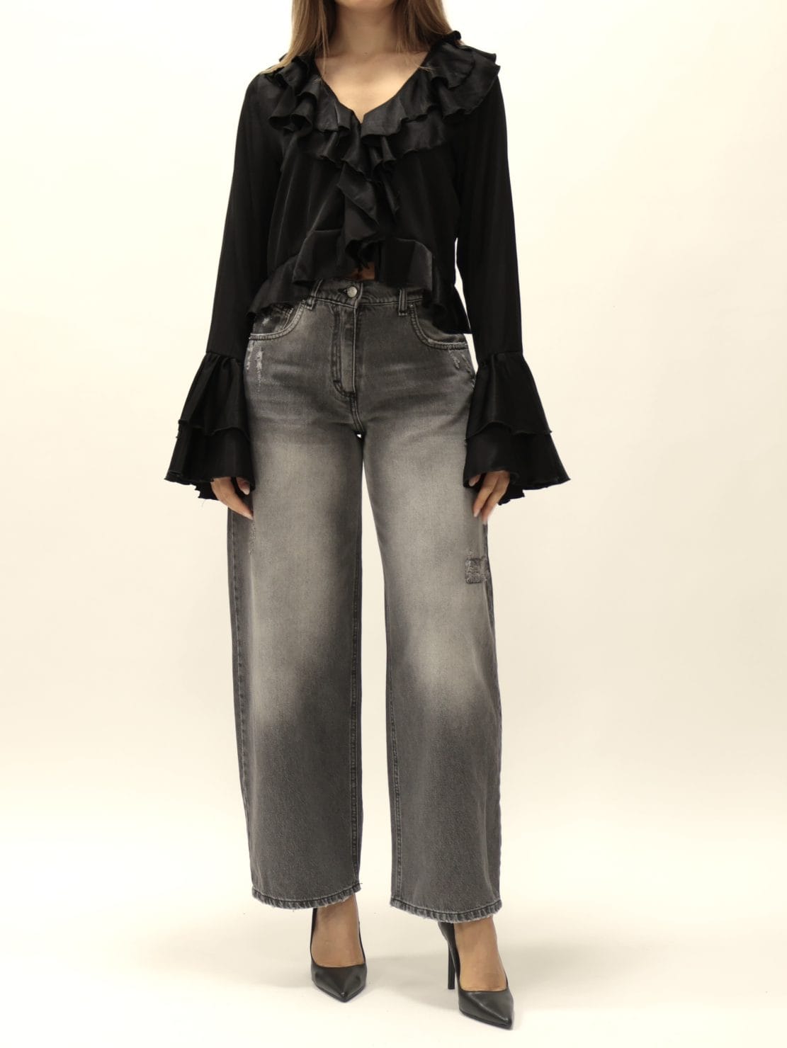 Blusa crop volant nero