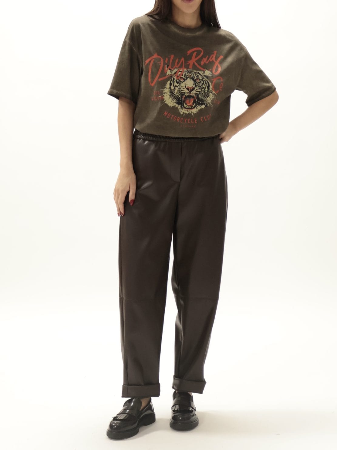 Pantalone ecopelle elastico in vita moro