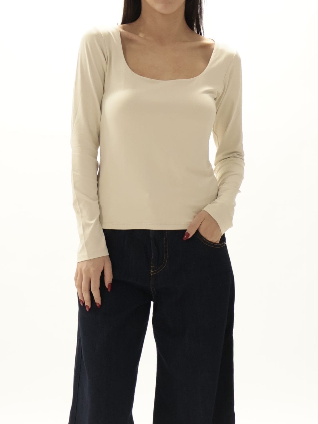 Maglia scollo quadro beige