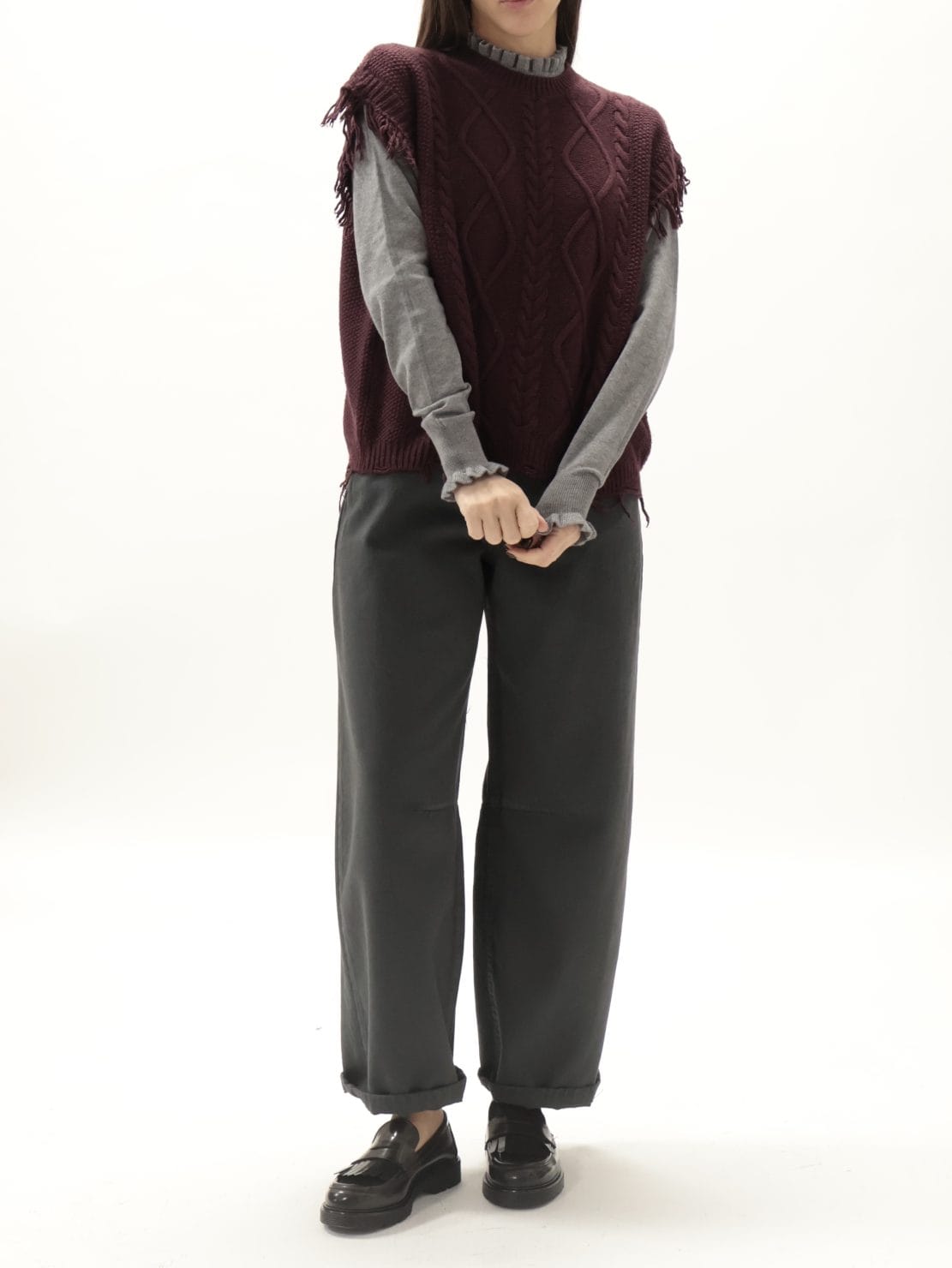 Gilet trecce girocollo bordeaux