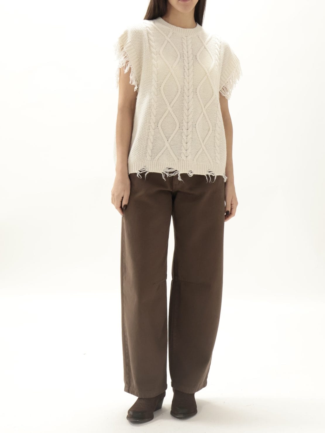 Gilet trecce girocollo panna