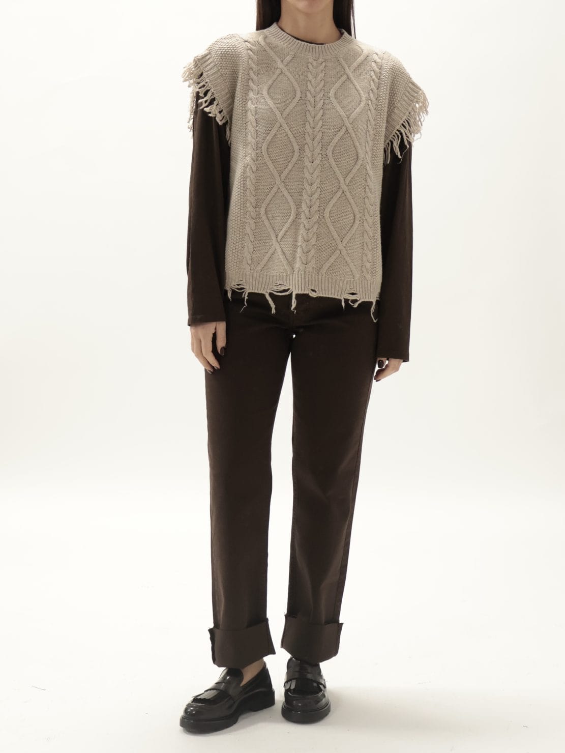 Gilet trecce girocollo beige
