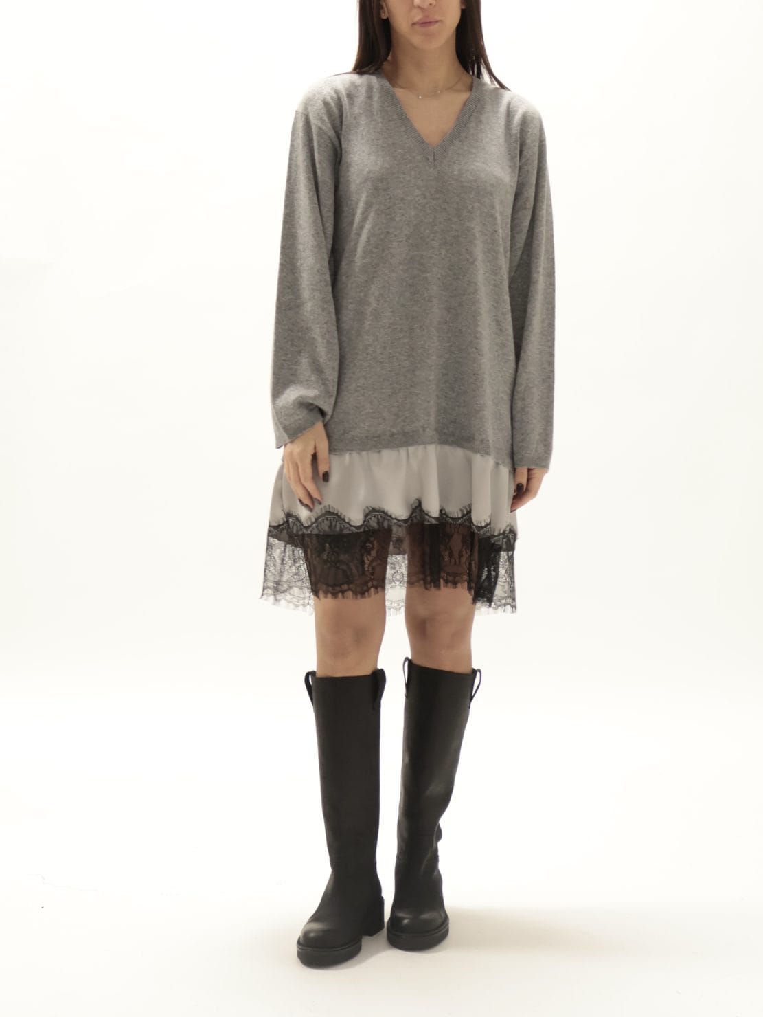 Abito in maglia con pizzo grigio