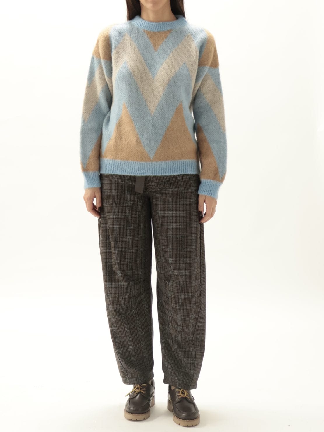 Maglione zig zag azzurro/cammello