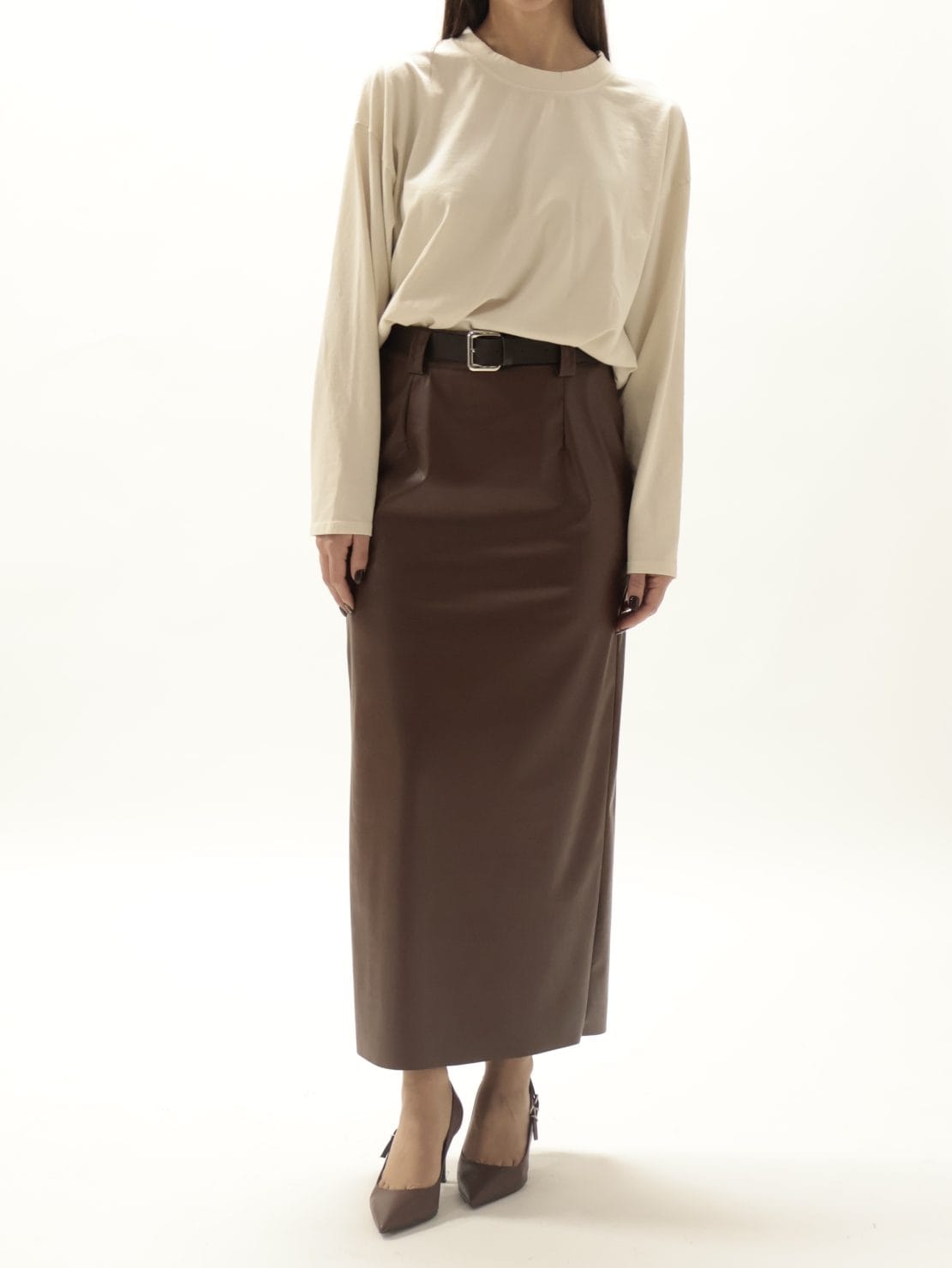 Gonna ecopelle midi con cintura moro