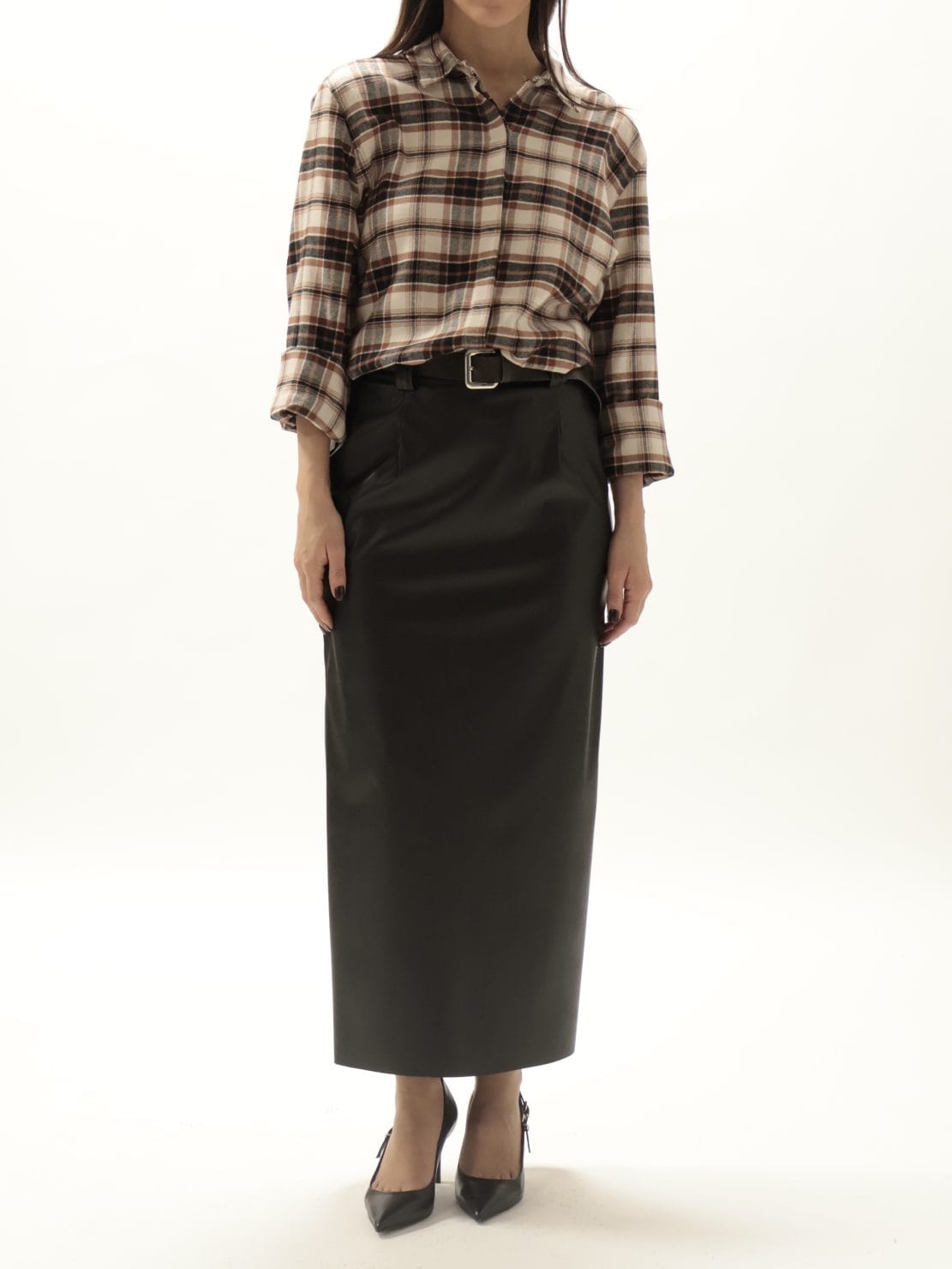 Gonna ecopelle midi con cintura nera