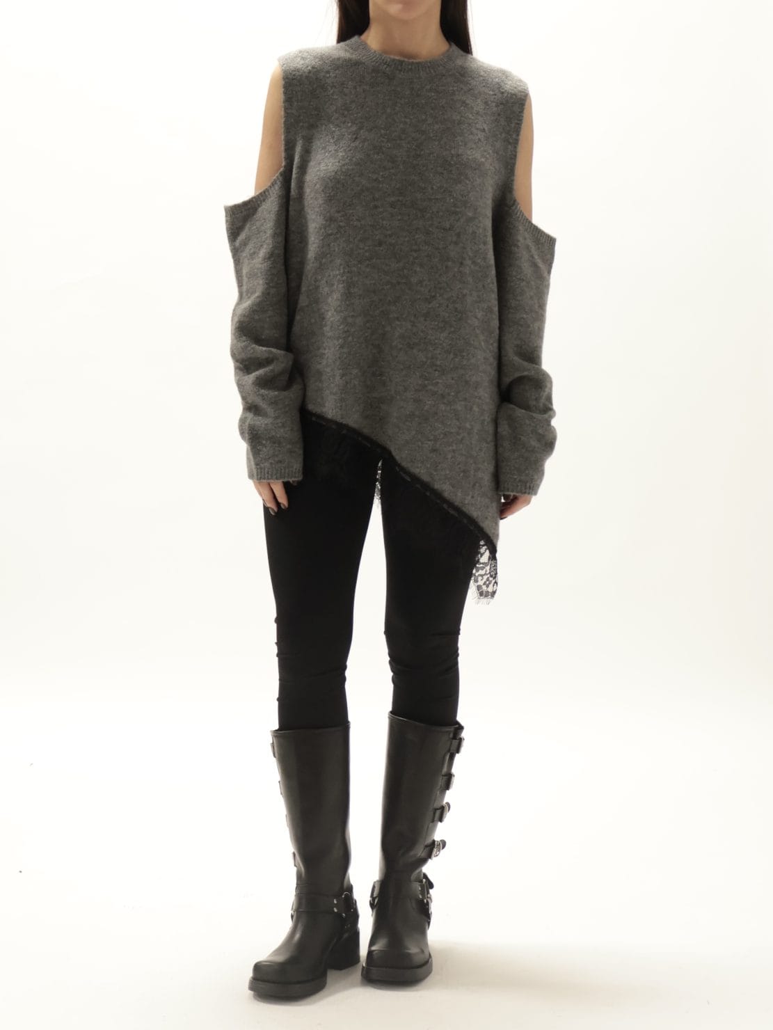 Maglia cut out assimetrica pizzo grigio