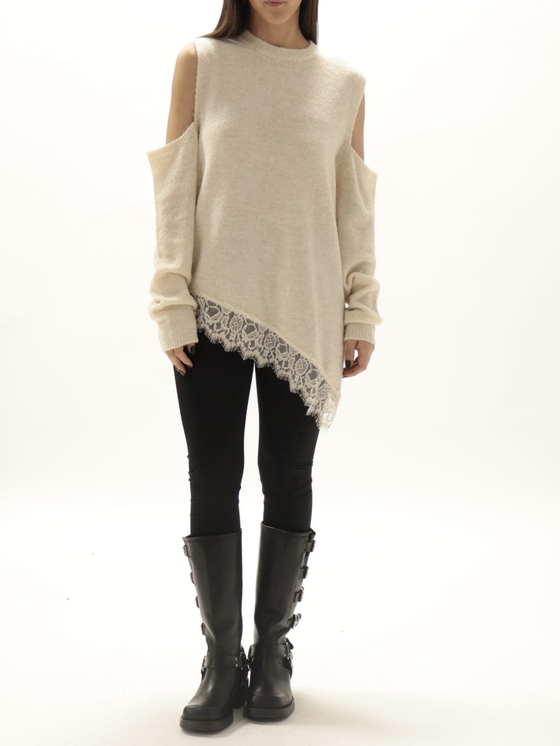 Maglia cut out assimetrica pizzo panna